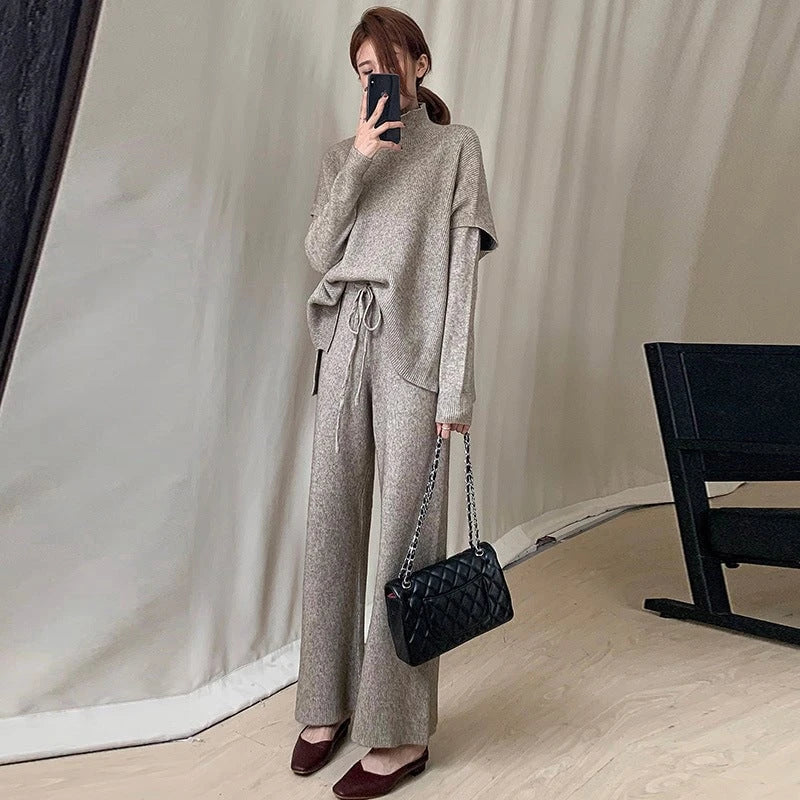 Women's Stylish Knit Suit with Oversized Sweater and Wide Pants
