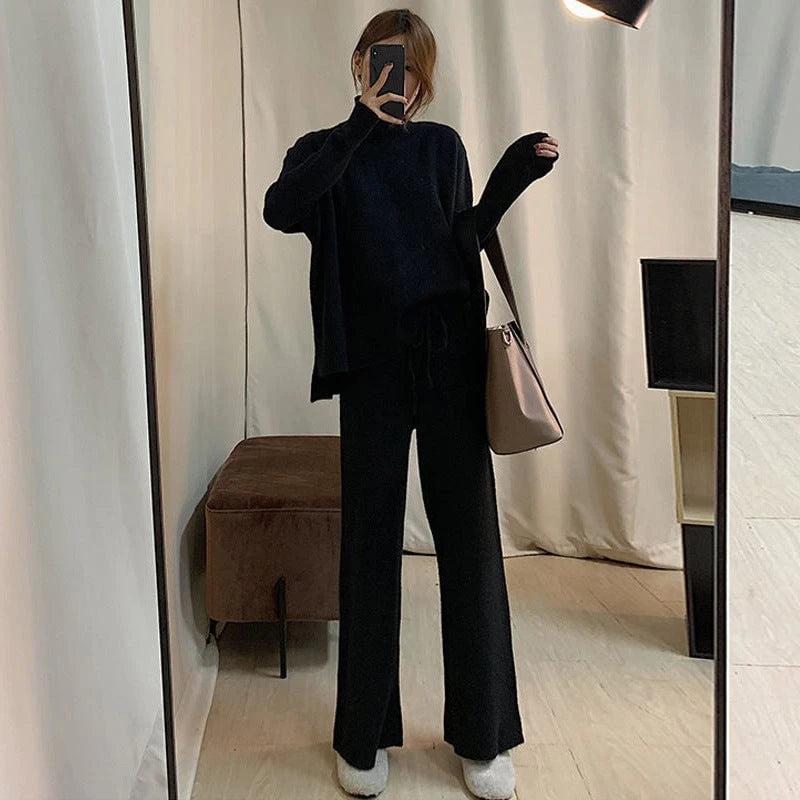 Women's Stylish Knit Suit with Oversized Sweater and Wide Pants