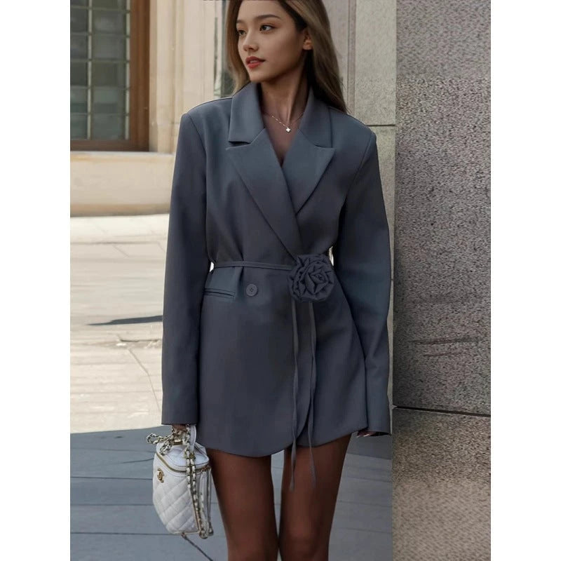 Women Tailored Blazer Dress with Floral Belt Detail