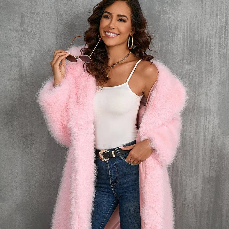 Women's Elegant Faux Fur Coat with Wide Lapels and Loose Fit