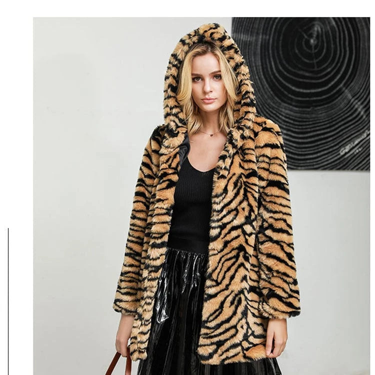 Ladies faux fur jacket with tiger stripe pattern