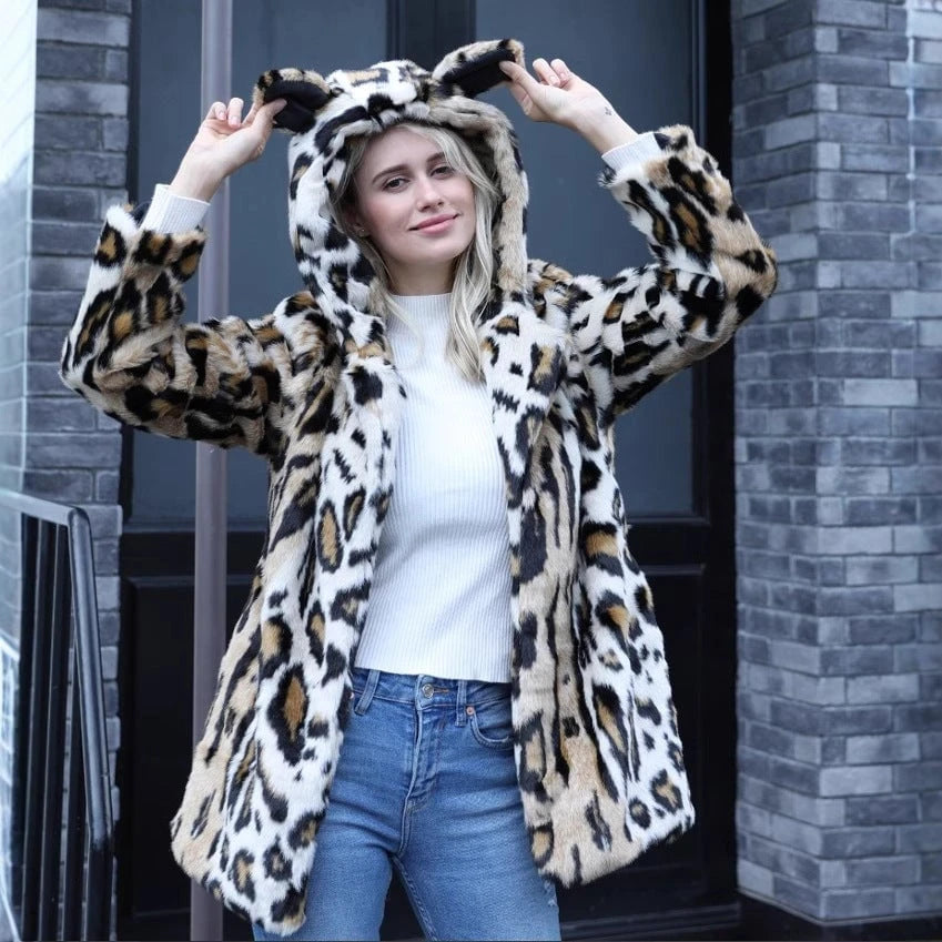 Ladies Cozy Fur Coat with Hood and Cat Ears
