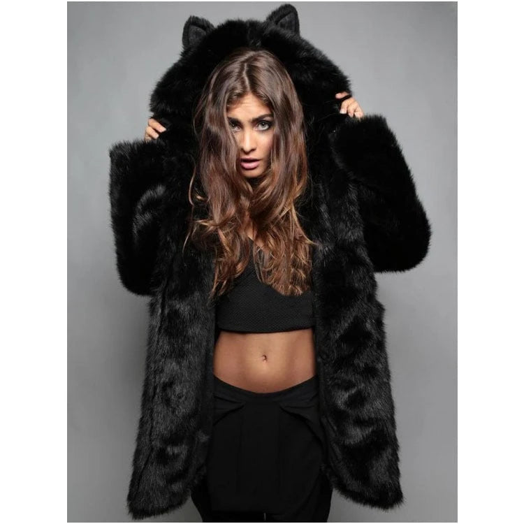 Ladies Cozy Fur Coat with Hood and Cat Ears