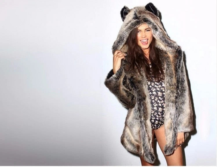 Ladies Cozy Fur Coat with Hood and Cat Ears