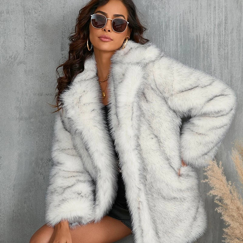 Ladies Luxurious Faux Fur Jacket with Voluminous Collar