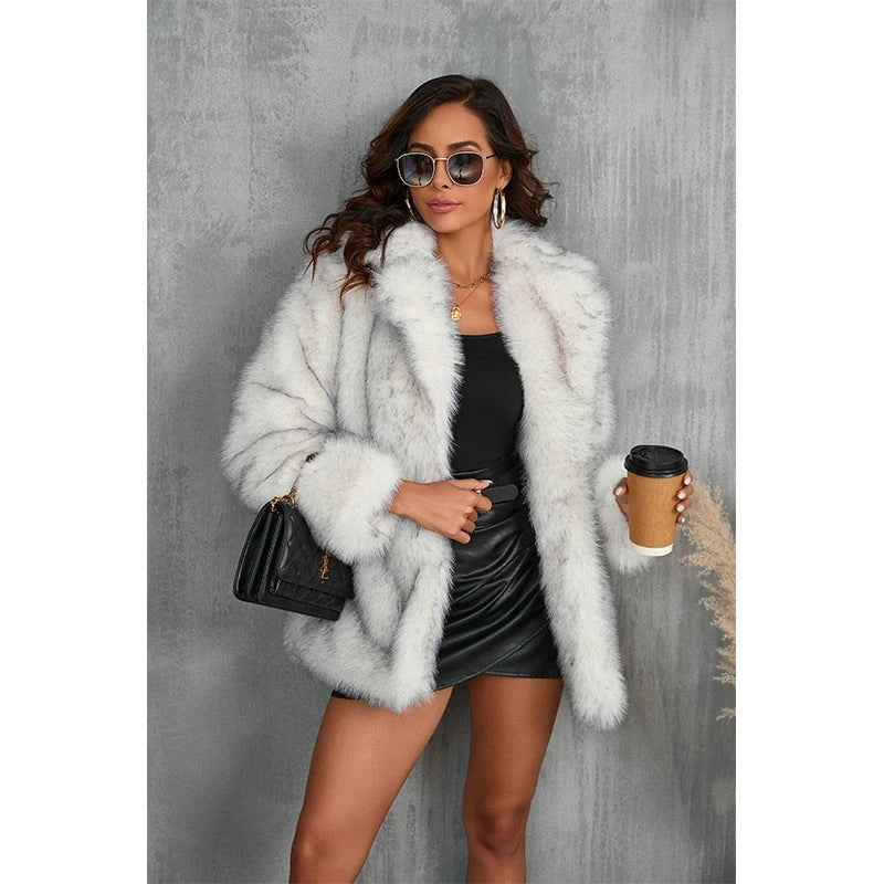 Ladies Luxurious Faux Fur Jacket with Voluminous Collar