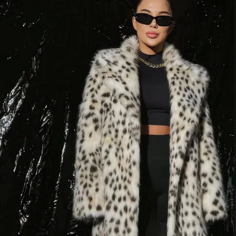 Ladies Luxurious Faux Fur Coat with Leopard Print
