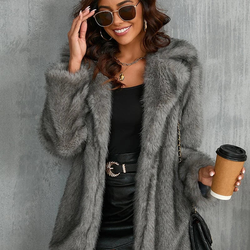Women's luxury soft faux fur coat with elegant cut