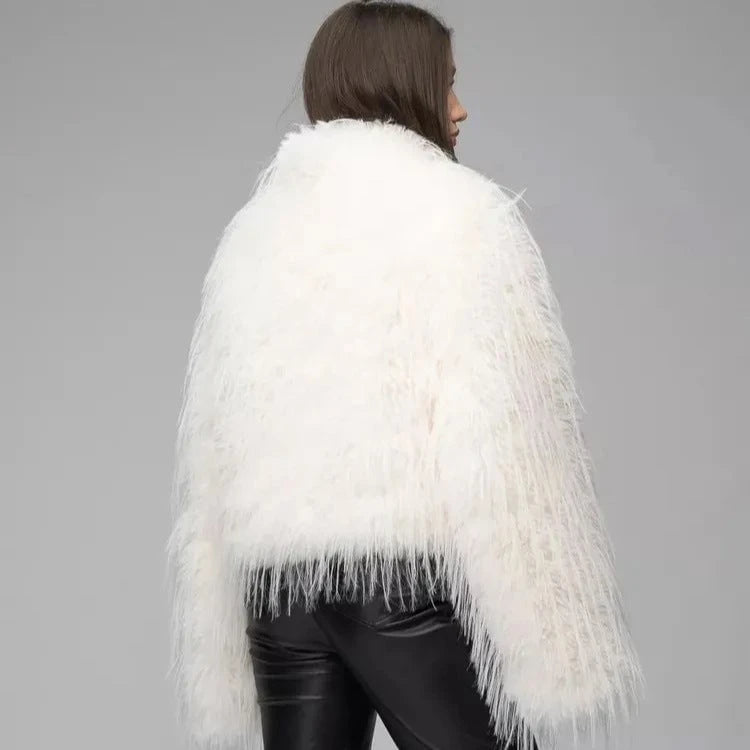Ladies Trendy Faux Fur Jacket with Elegant Fringes