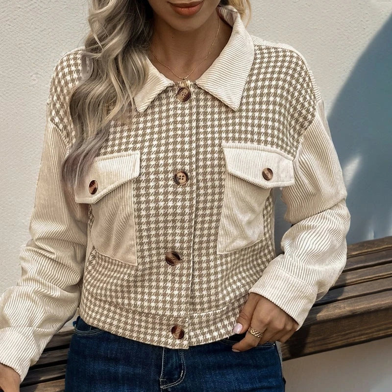 Women's cord jacket with modern houndstooth design and practical pockets