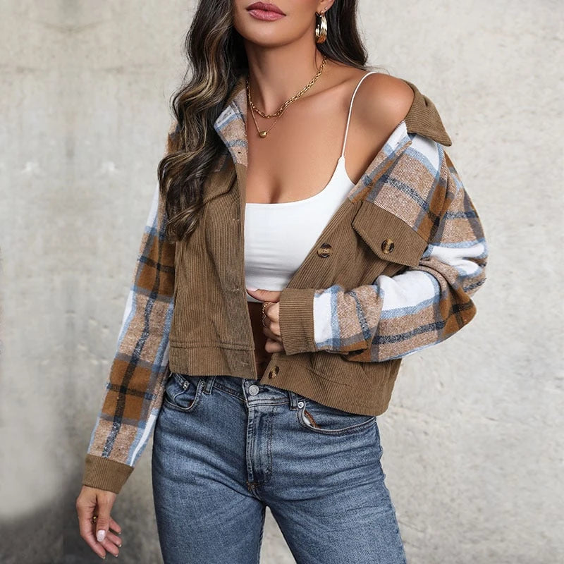 Women's checked cord jacket in casual cropped style with chest pockets
