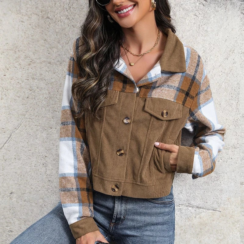 Women's checked cord jacket in casual cropped style with chest pockets