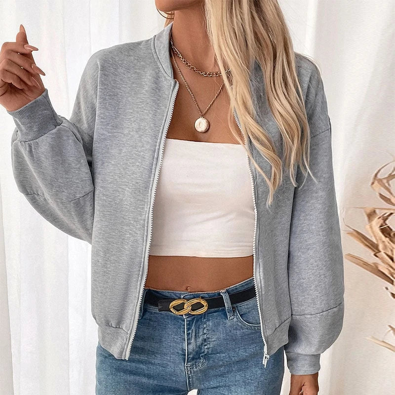 Women's casual bomber jacket with voluminous sleeves and zipper