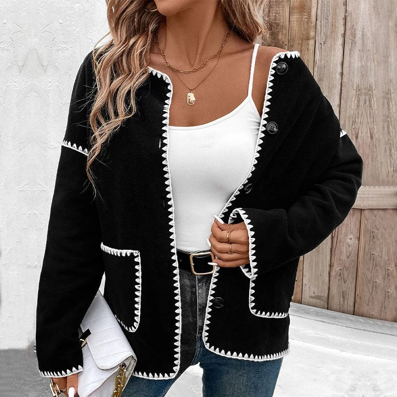 Women's casual cardigan with contrasting button details and patch pockets