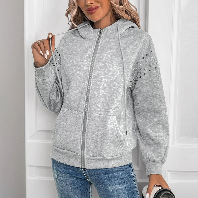 Ladies fashionable hoodie with appliqués and zipper