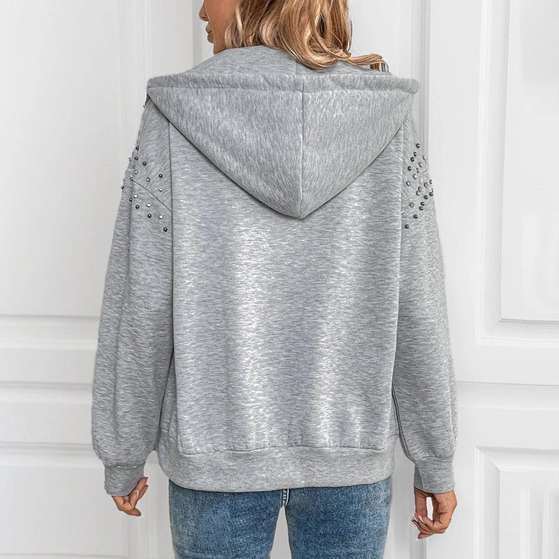 Ladies fashionable hoodie with appliqués and zipper