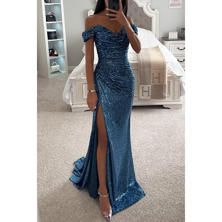 Off Shoulder Evening Dress With Sequins Elegant Party Dress With Slit And Figure-Hugging Cut For Festive Occasions