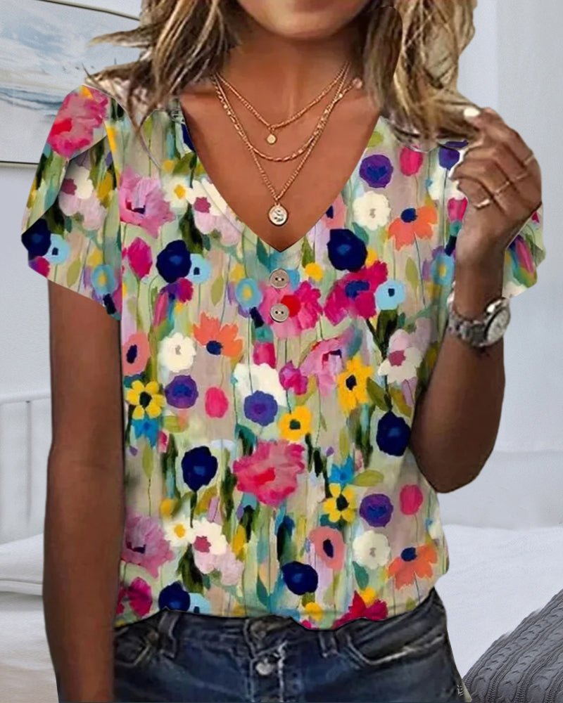 Short-sleeved Colorful Flower Blouse with V-Neck