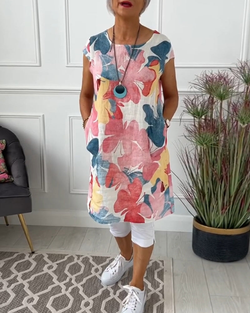 Casual Longtop with Colorful Floral Print