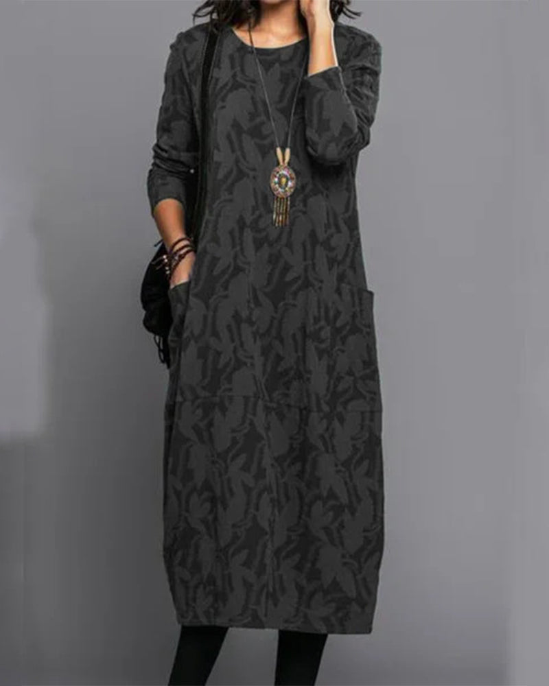 Long-Sleeved Pocket Dress With Print