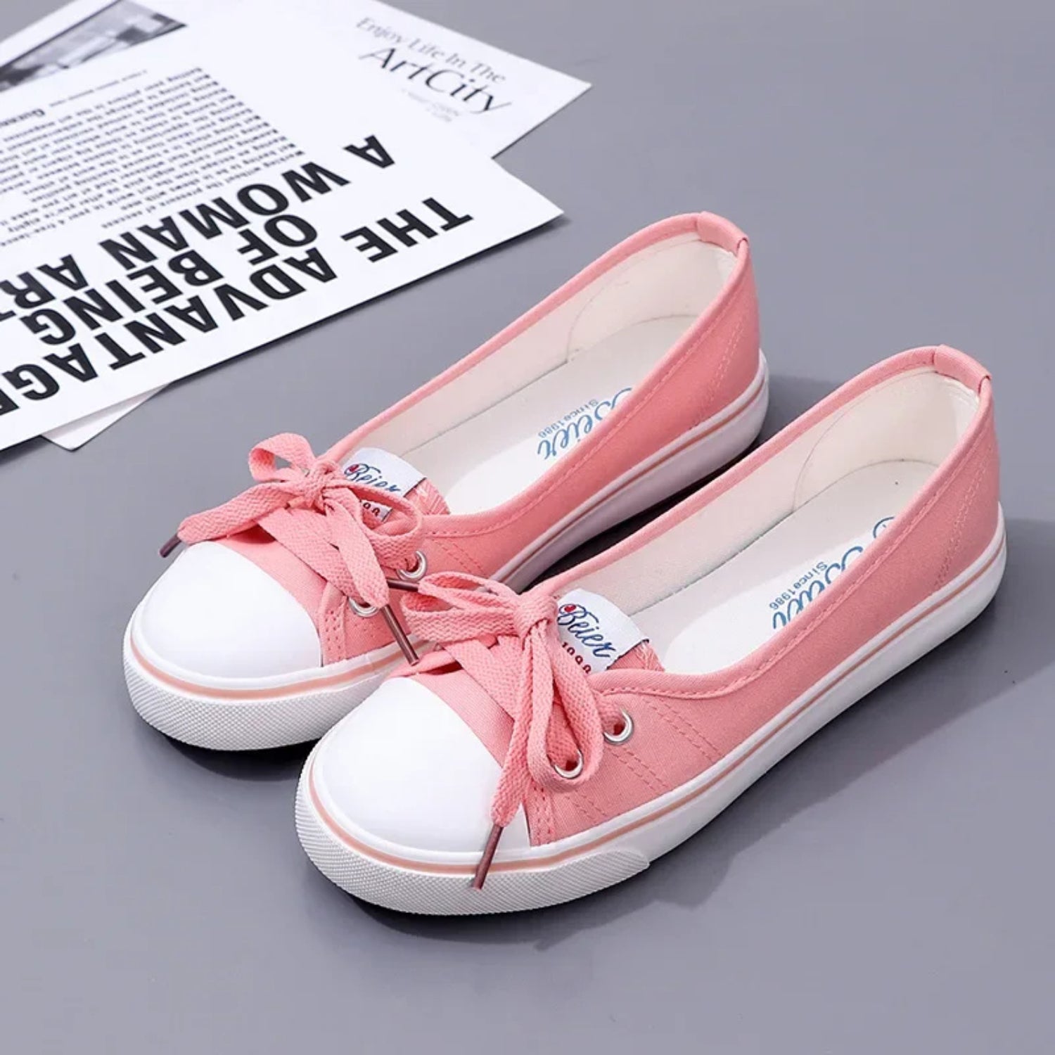 Red Color Bow Lace-Up Canvas Shoes