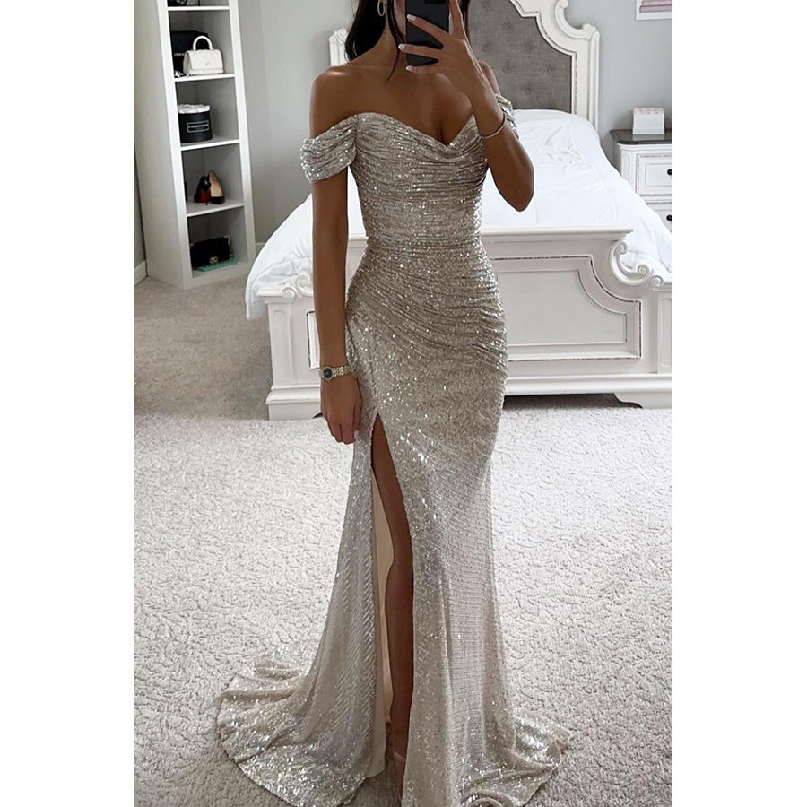 Off Shoulder Evening Dress With Sequins Elegant Party Dress With Slit And Figure-Hugging Cut For Festive Occasions