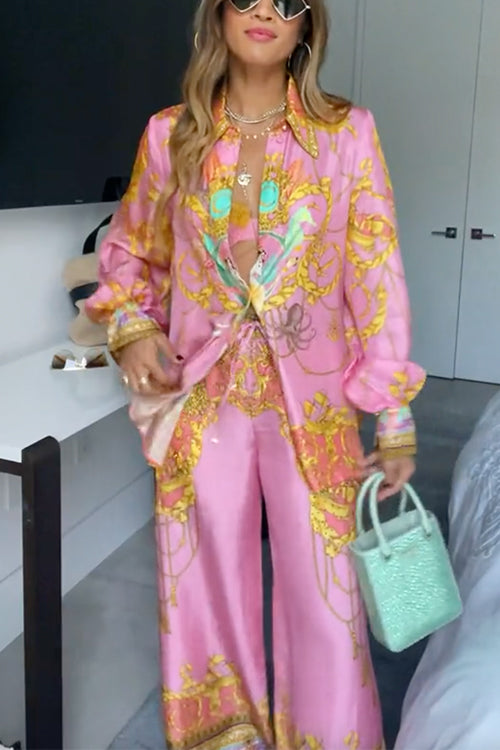 Rosiedress Unique Print Lantern Long Sleeve Blouse Shirt and Wide Pants Holiday Outfit Set