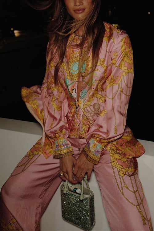 Rosiedress Unique Print Lantern Long Sleeve Blouse Shirt and Wide Pants Holiday Outfit Set