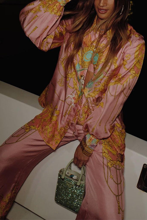 Rosiedress Unique Print Lantern Long Sleeve Blouse Shirt and Wide Pants Holiday Outfit Set
