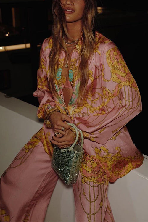 Rosiedress Unique Print Lantern Long Sleeve Blouse Shirt and Wide Pants Holiday Outfit Set