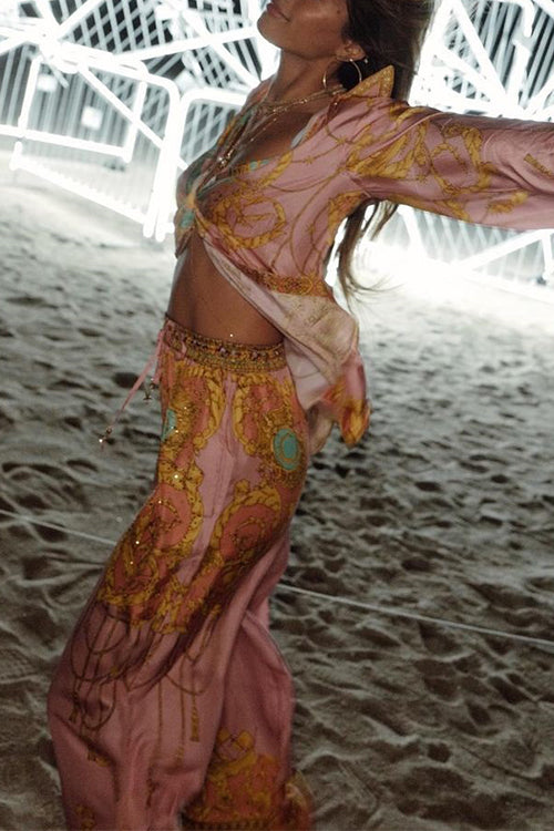 Rosiedress Unique Print Lantern Long Sleeve Blouse Shirt and Wide Pants Holiday Outfit Set