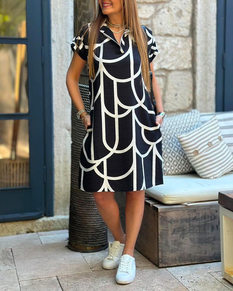 Short Sleeve Midi Dress With Lapel Stripe Print