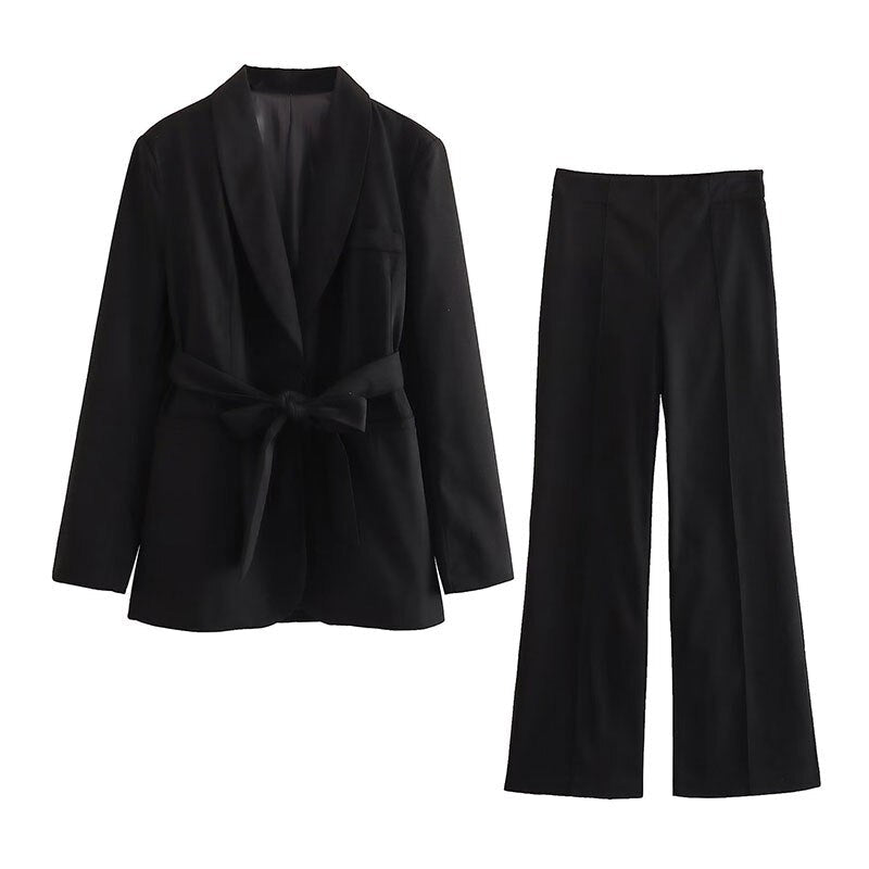 2-Piece Women's Suitelegant Blazer With Belt And Matching Trousers