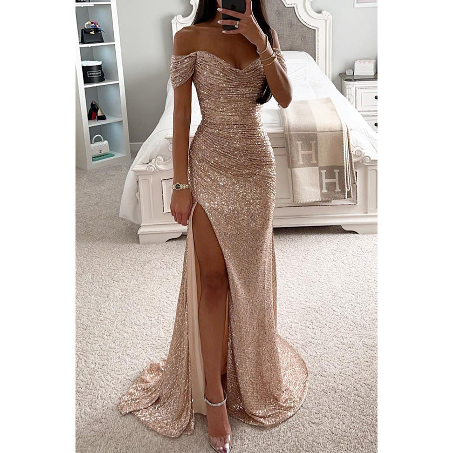 Off Shoulder Evening Dress With Sequins Elegant Party Dress With Slit And Figure-Hugging Cut For Festive Occasions