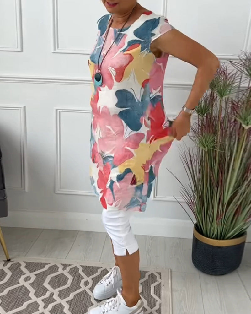 Casual Longtop with Colorful Floral Print