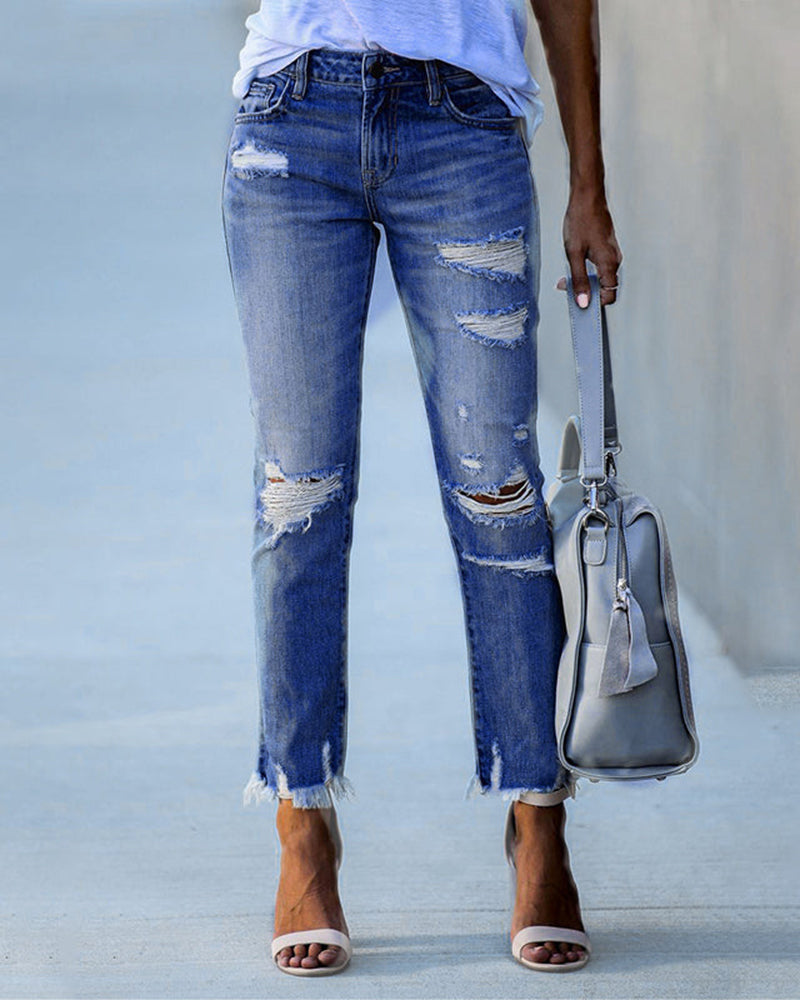 Women Chic Torned Jeans Denim