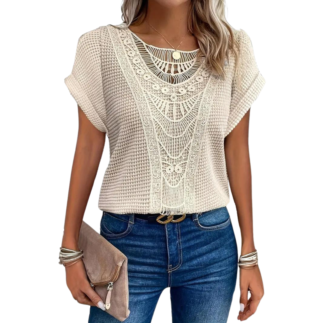 Short-Sleeved Topcasuallace With Round Neck