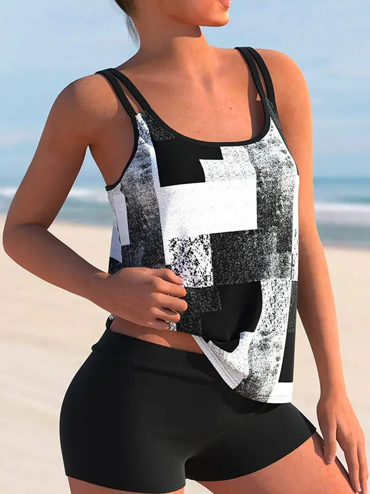 Tankini With Double Straps And Geometric Print