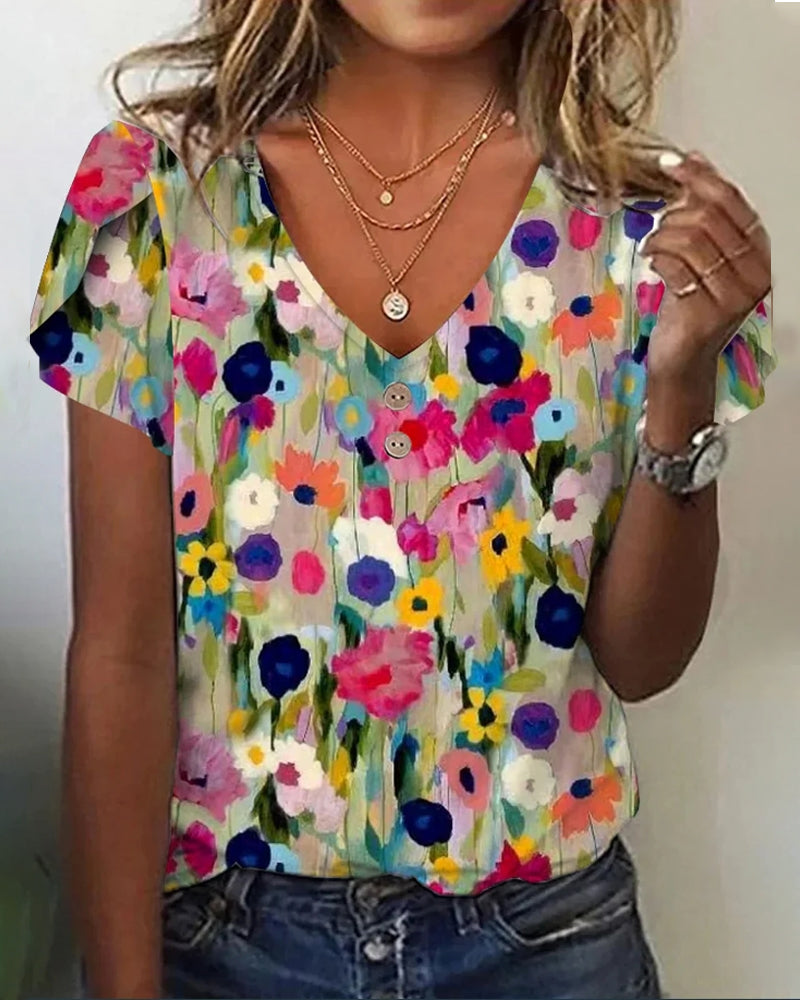 Short-sleeved Colorful Flower Blouse with V-Neck