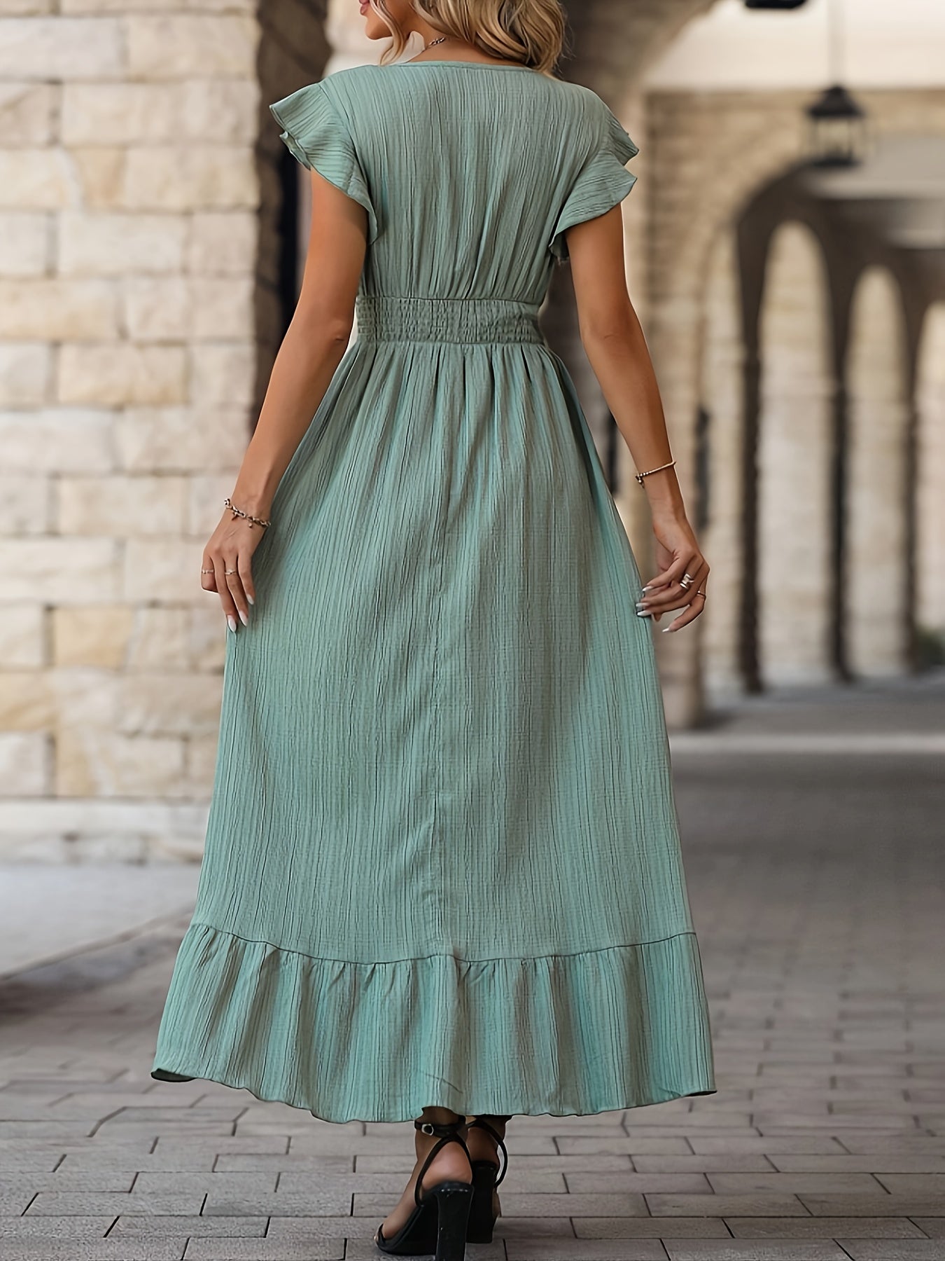 Elegant V-neck Dress With High Waist and Ruffle Sleeves