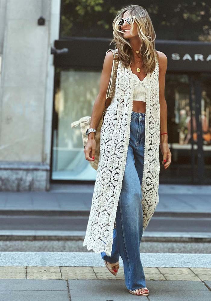 Sleeveless Vintage Cardigan With Hollow Lace And V-neck