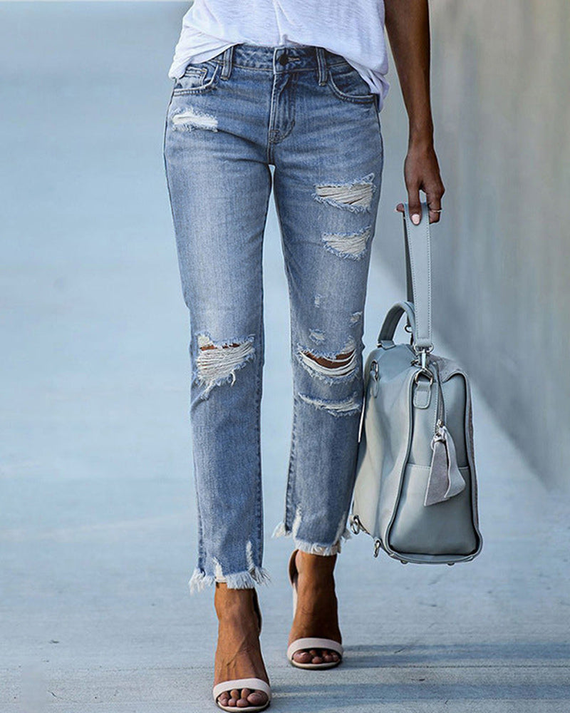Women Chic Torned Jeans Denim