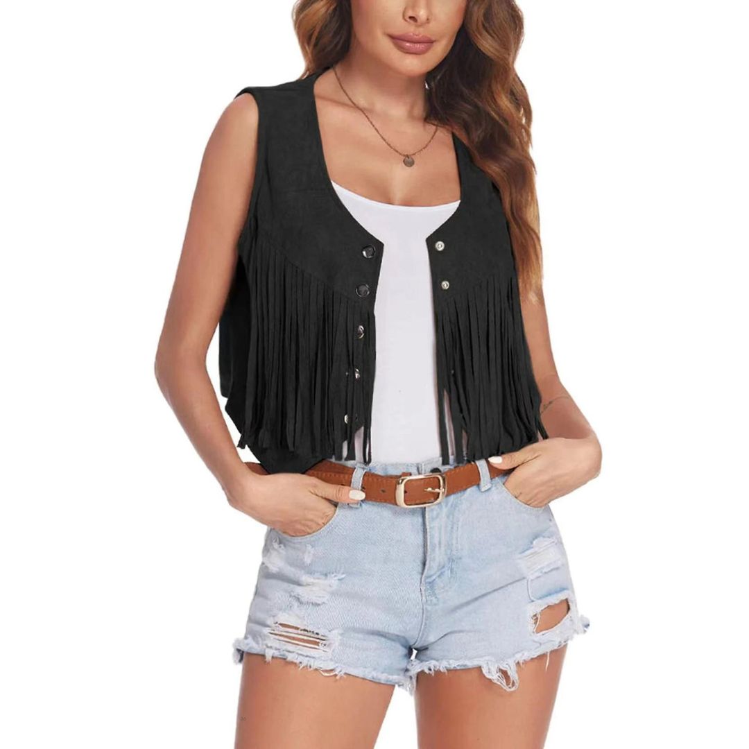 Suede Vest With Fringe and Button Detail