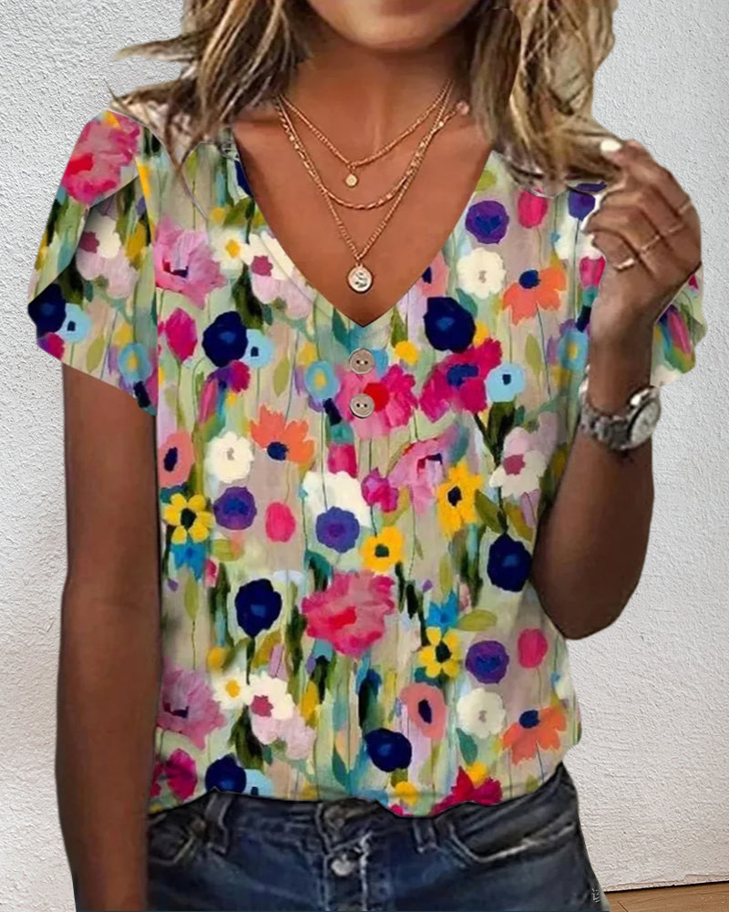 Short-sleeved Colorful Flower Blouse with V-Neck