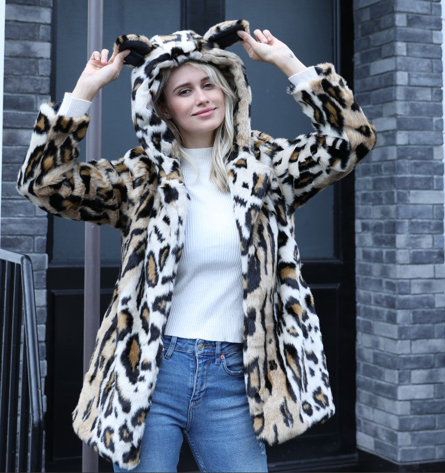 Ladies Cozy Fur Coat with Hood and Cat Ears