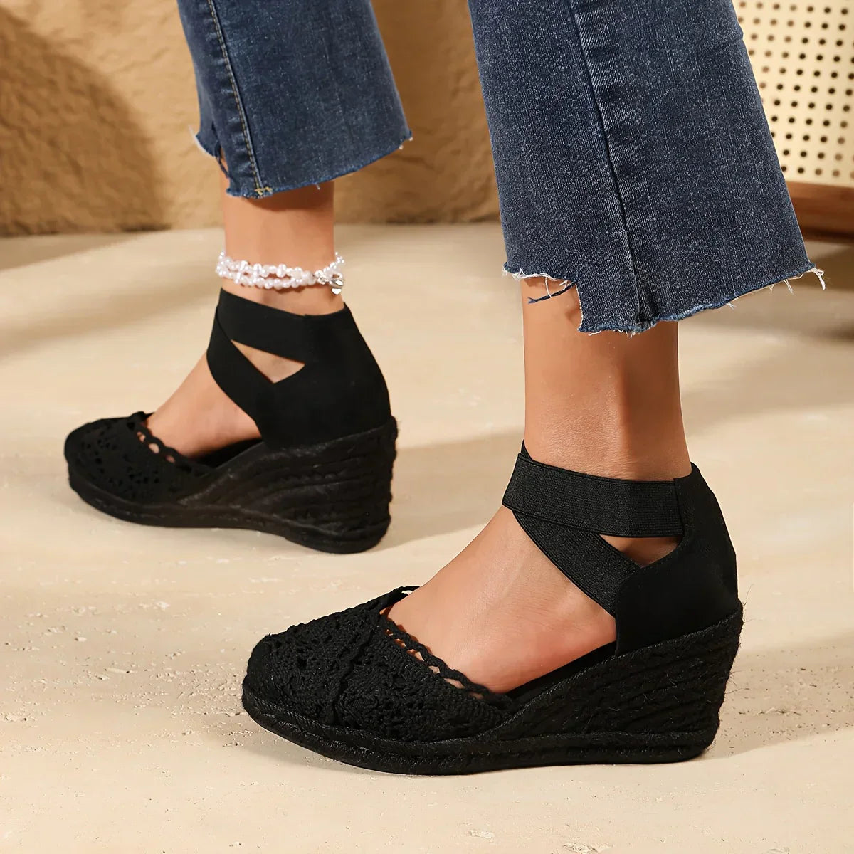 Elegant Wedge Sandals with Crochet Tip