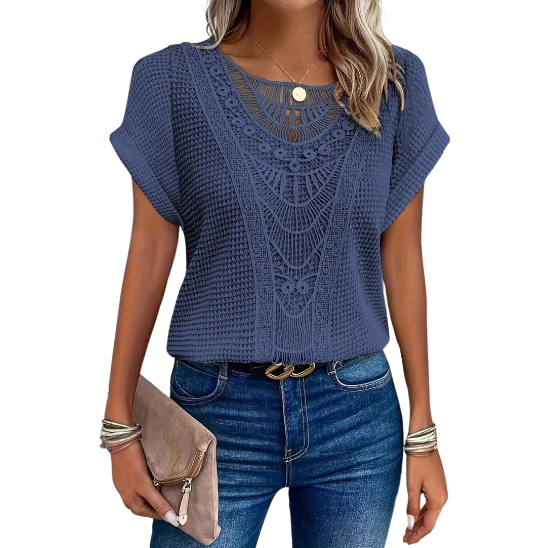 Short-Sleeved Topcasuallace With Round Neck