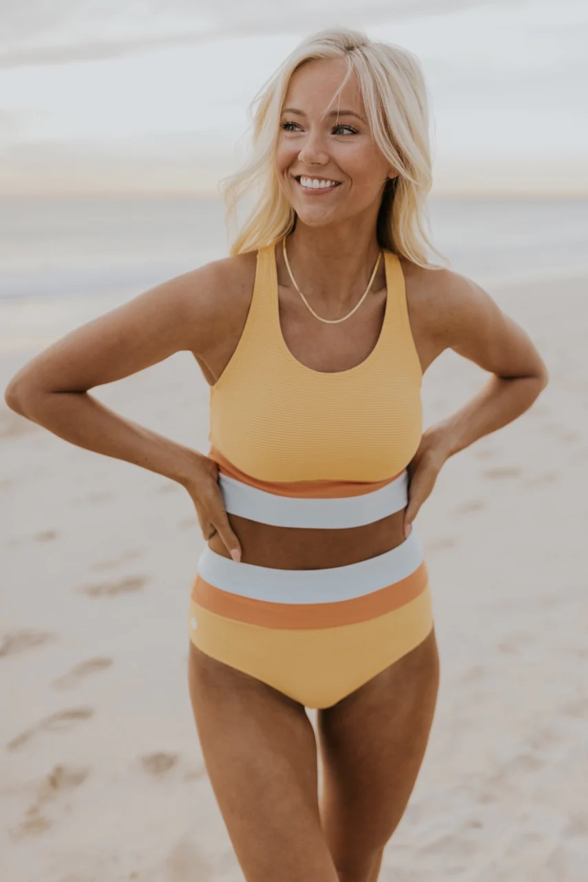 High Waist Colorblock Navy Cut Back Crop Bikini Set