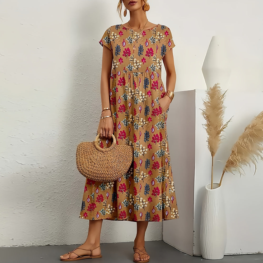 Short-sleeved, Loose-fitting Midi Dress With Round Neck