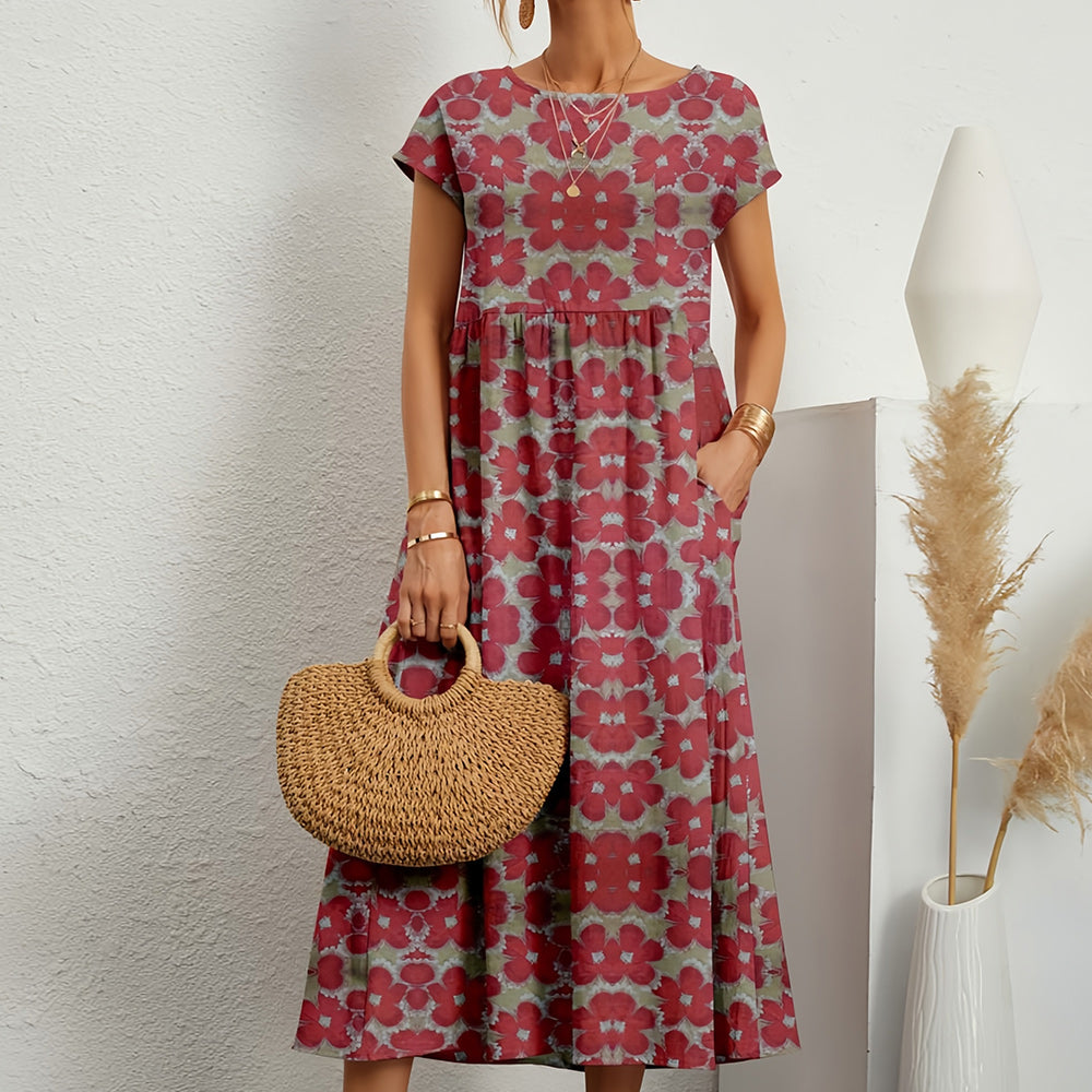Short-sleeved, Loose-fitting Midi Dress With Round Neck